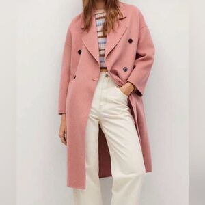 MANGO Pink Double-Breasted Wool Blend Long Coat - Small